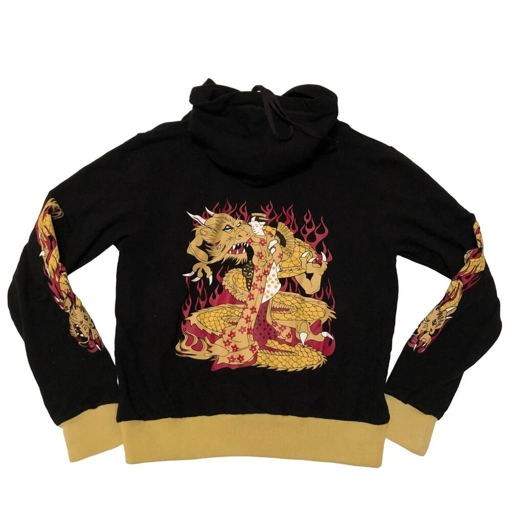 Silver Dragon Hoodie Size L Large Asian Graphics Black Full Front Zipper Womens